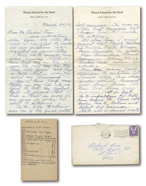 1945 "DUMMY" HOY AND "DUMMY" TAYLOR SIGNED HANDWRITTEN LETTERS WITH FASCINATING BASEBALL CONTENT - TWO GREATEST DEAF PLAYERS IN HISTORY!